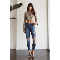 High Rise Distressed Ankle Skinny Jeans w/Cut Hem - Ebove Clothing