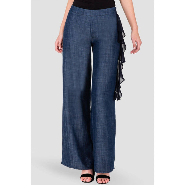 Side Zip Flounce Indigo Tencel Palazzo Pants - Ebove Clothing