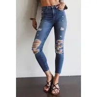 High Rise Distressed Ankle Skinny Jeans w/Cut Hem