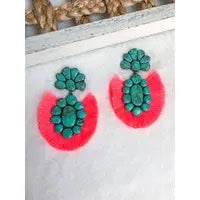 The Roan Earrings - Turquoise With Dark Coral Fringe