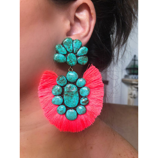 The Roan Earrings - Turquoise With Dark Coral Fringe
